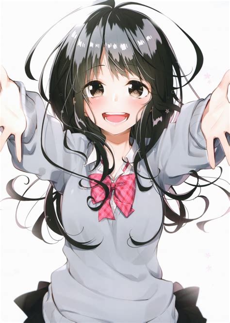 Wallpaper Anime Girl Hug Smiling Black Hair School