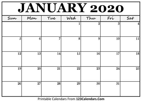 Free Printable Calendar Page January 2020 Month Calendar Printable