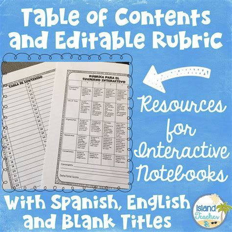 Interactive Notebook Editable Rubric And Table Of Contents Spanish