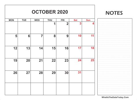 2020 Printable October Calendar With Notes Whatisthedatetodaycom