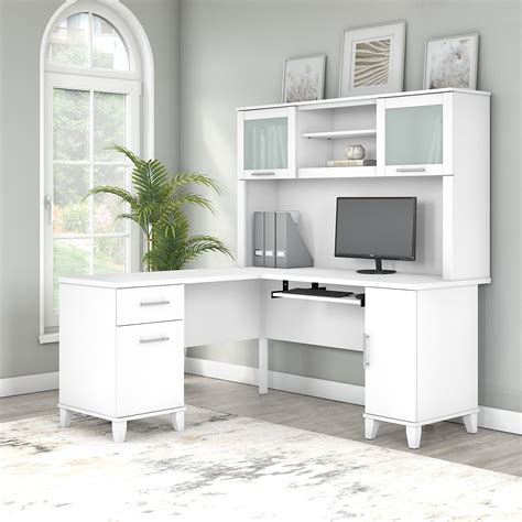 60w L Shaped Desk With Hutch In White By Bush