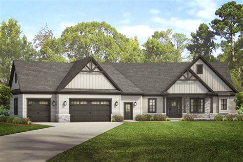 One Level Country Craftsman Home Plan With Angled 3 Car Garage