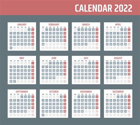 2022 Year Calendar Calendar Design For 2022 Starts Monday Stock Vector