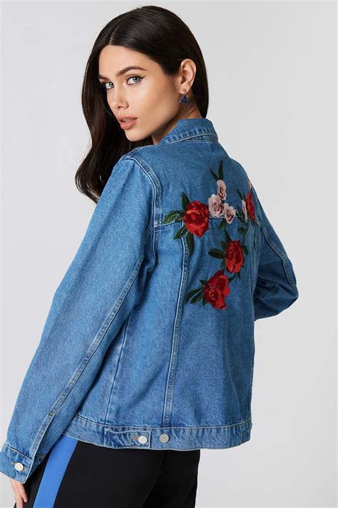 Na Kd Na Kd Flower Embroidery Denim Jacket Medium Wash Kot Ceket