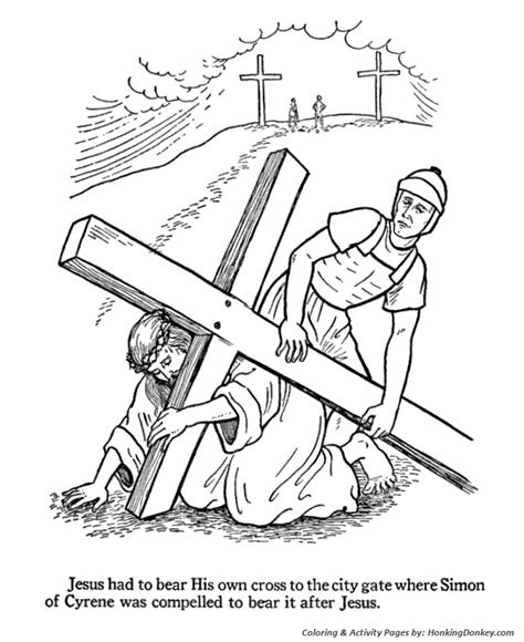 These free bible coloring pages for kids will help teach some of the most popular and important stories in the bible. Easter Bible Coloring Pages - Jesus carries the cross | HonkingDonkey