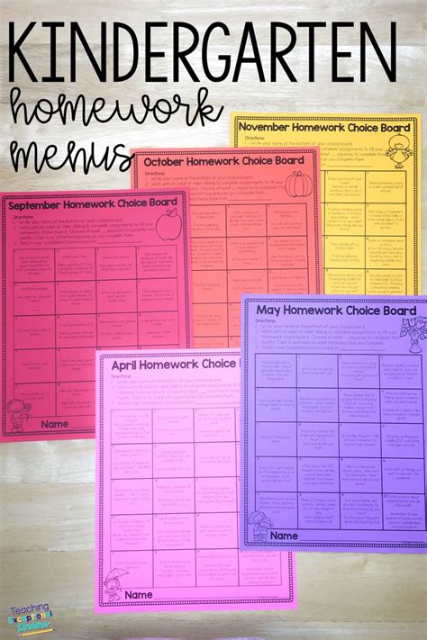 Three Colorful Calendars With The Words Kindergarten Homework Menus