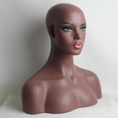 Realistic Female Black Fiberglass Mannequin Dummy Head Bust For Lace