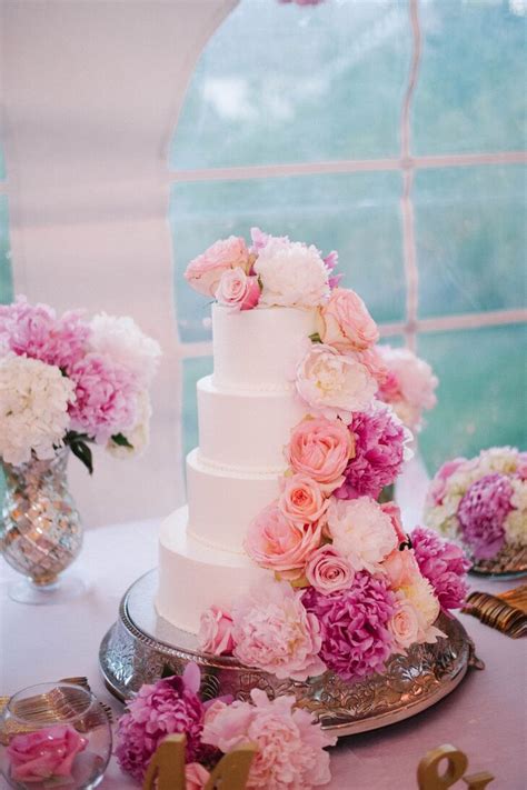 White Wedding Cake With Pink Peonies