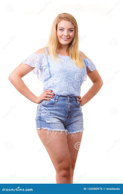 Woman Wearing Denim Shorts And Top Stock Photo Image Of Short Posing