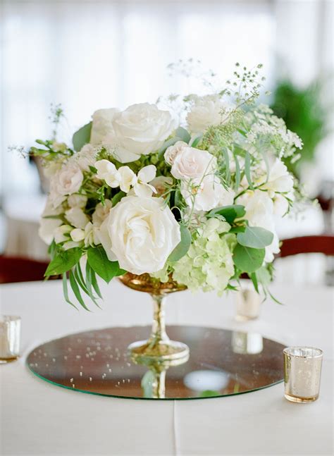 White Rose And Hydrangea Centerpieces On Mirror Pedestals White