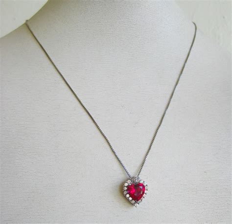 Vintage Necklace Ruby Red Heart Shaped Jeweled Sterling Silver Pendant