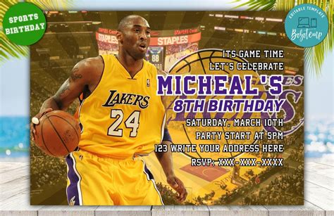 Editable Kobe Bryant Los Angeles Lakers Digital Party Invitations
