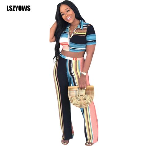 Striped Two Piece Set Women Tracksuits Summer Button Up Short Sleeve