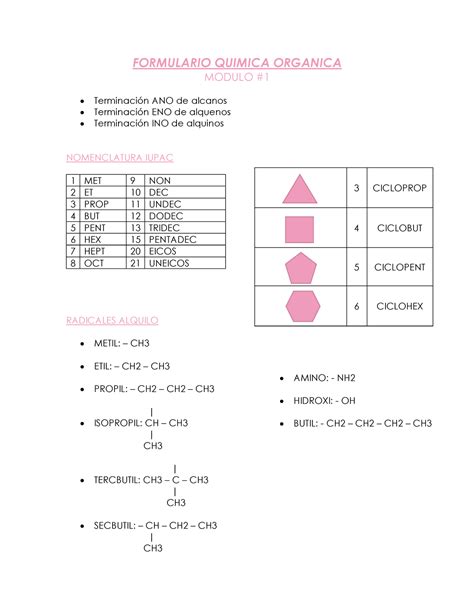 Formulario Química Orgánica Alcanos Alquenos Y Cicloalcanos Módulo 1