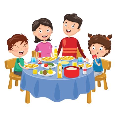 Almorzando En Familia Animado Familia Cenando Dibujo Vectores