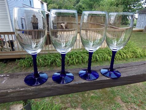 Cobalt Blue Stemware Set Of 4 Wine Glasses Clear Bowl Blue Etsy Blue Stemware Stemware
