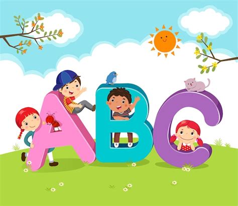 Niños De Dibujos Animados Con Letras Abc Vector Premium