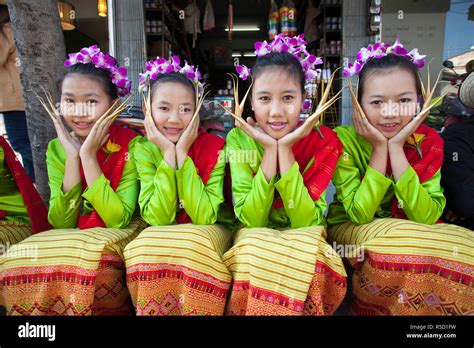 Thailand Chiang Mai Chiang Mai Flower Festival Portrait Of Girls In Traditional Thai Costume