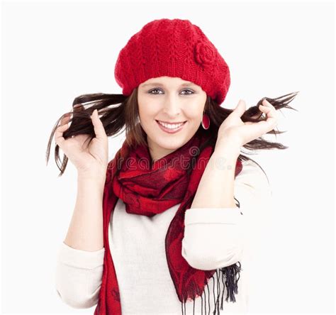 Young Woman In Red Cap And Scarf Smiling Stock Image Image Of Woman Looking 35169957