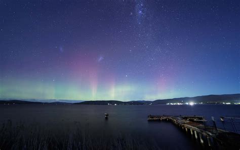 Aurora Borealis Northern Lights Night Stars Lakes Dock Sky Wallpaper