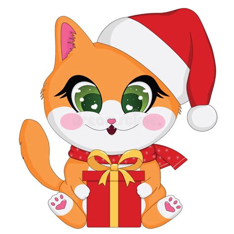 Cute Cartoon Holiday Illustration Of Ginger Baby Cat With Christmas