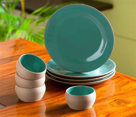 Buy Earthen Turquoise Ceramic Dinner Plates With Katoris Online In