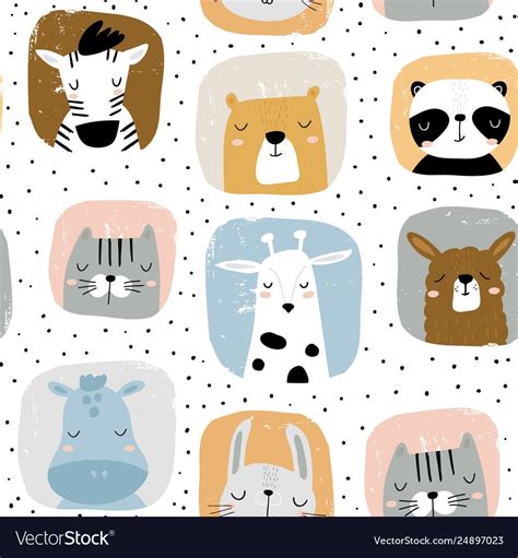 Seamless Childish Pattern With Funny Animals Portreits Creative