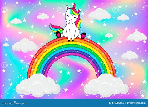 Cute Unicorn Sitting On Rainbow With Clouds And Stars Cartoon