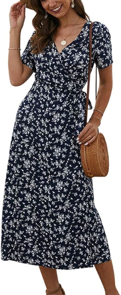 Qpxz Wrap Midi Dress Summer Dress Floral Chiffon Midi Dress Plus Size Dresses V Neck Elegant