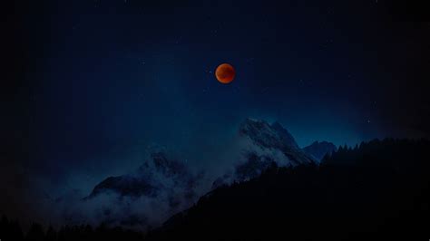 Full Moon Red Moon Starry Sky Mountains Night 4k Wallpaper 4k