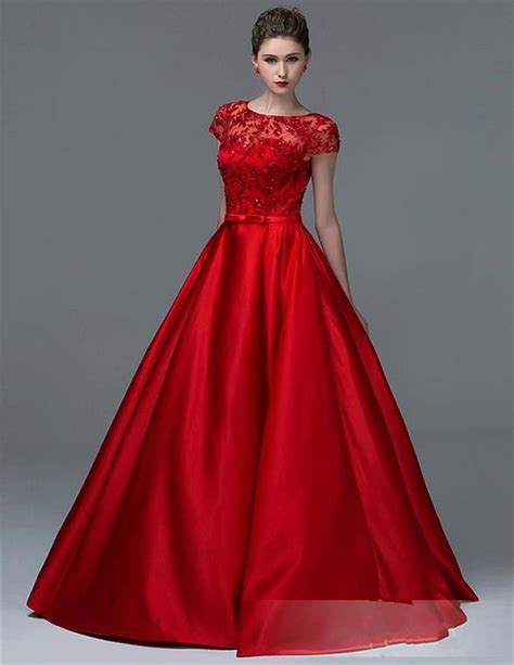 New Design Red Satin Ball Gown Evening Dress Prom Dress With Short Sleeves Vestidos De