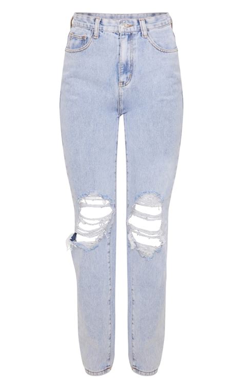 Light Wash Ripped Knee Long Leg Straight Jeans Prettylittlething Usa