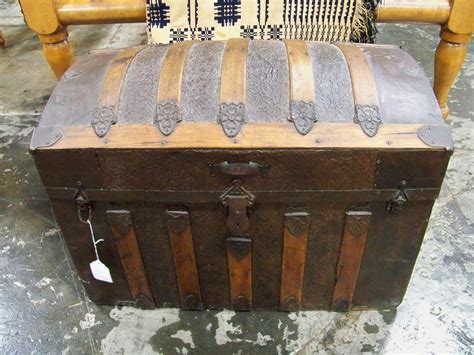Lot Antique Camelback Trunk With Wood Slats