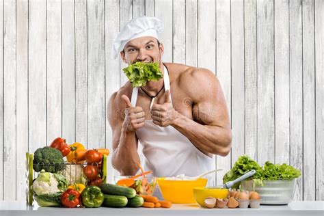 Man Bodybuilder Cooking On Kitchen Stock Photo Image Of Prepare