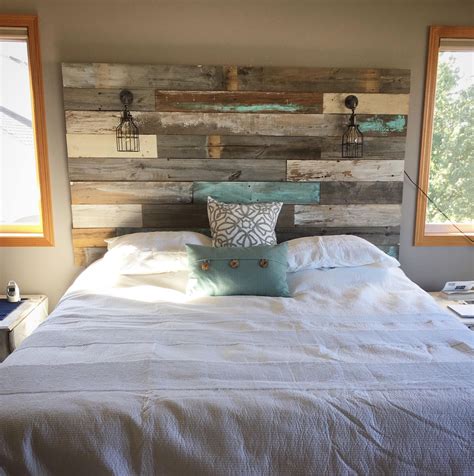 Making your own headboard can save you money, and help you to achieve a more custom look! Farmhouse Rustic chippy paint cottage whitewashed grey blue headboard bed distressed wood king ...