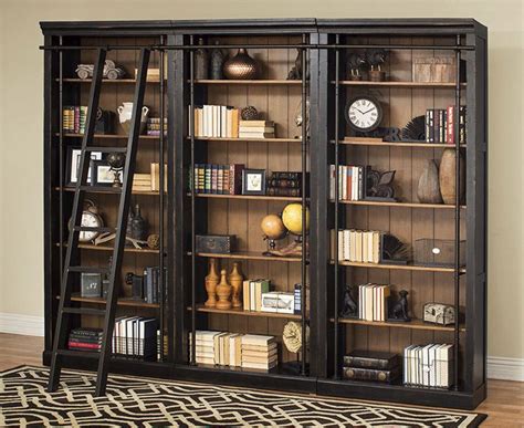 Beautiful Black 3 Pieces Office Bookcase Wall Library Set With Ladder