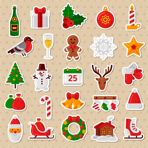 Merry Christmas Flat Icons Happy New Year Stickers Stock Illustration