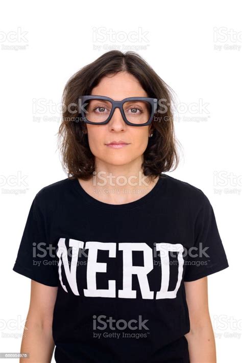 Studio Shot Of Nerd Woman Wearing Big Eyeglasses Isolated Against White