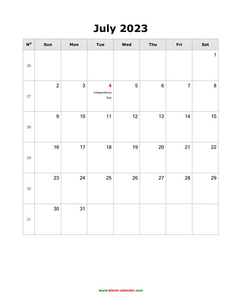 Download July 2023 Blank Calendar With Us Holidays Vertical