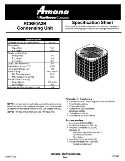 Rcb60a3b Condensing Unit Specification Sheet
