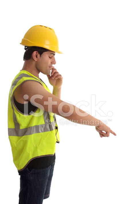 Construction Worker Looking Pointing Down Stock Photo Royalty Free