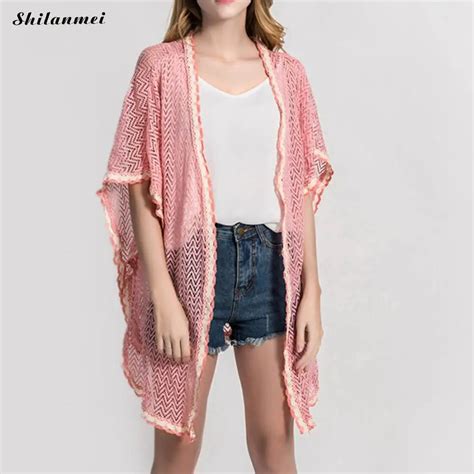 Vintage Lace Kimono Cardigan Sexy Hollow Out Pink Black Striped Kimono Long Summer Cardigan