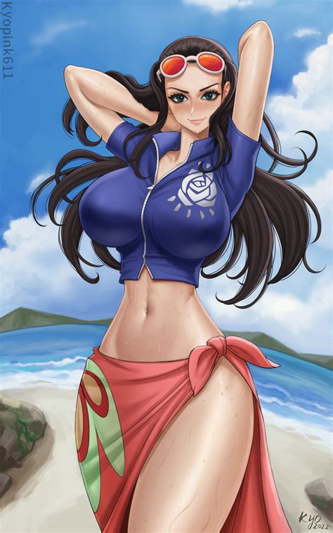 Kyopink Nico Robin One Piece Highres 1girl Arms Behind Head Arms Up Beach Black Hair