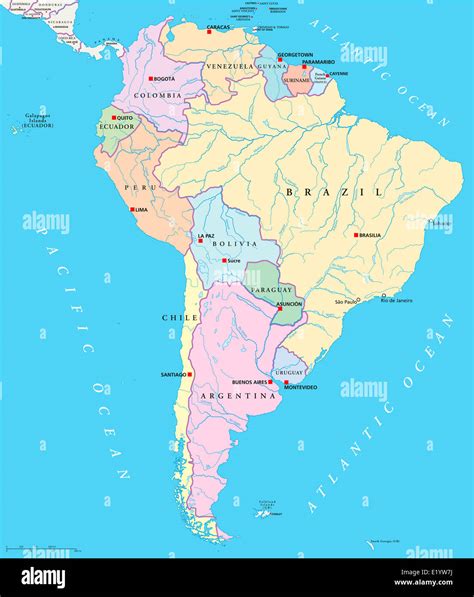 South America Single States Map With Capitals National Borders Lakes