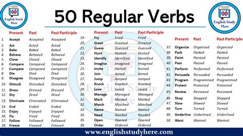 50 Regular Verbs English Study Here