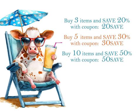 Cow Clipart Png Bundle Cute Cow Watercolor Clipart Funny Cow Summer Vibes Beach Adventure
