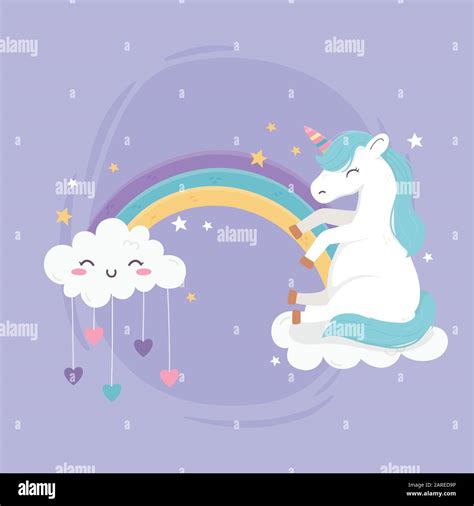 Unicorn Sitting On Rainbow Cloud With Hearts Fantasy Magic Dream Cute