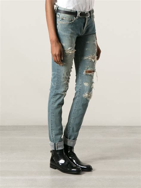 Lyst Saint Laurent Ripped Skinny Jeans In Blue