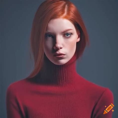 skinny redhead female wearing dark red turtleneck sweater and long straight hair