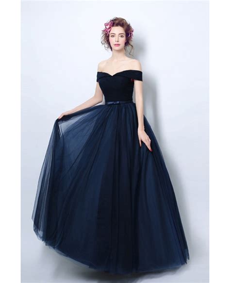 Simple Pleated Dark Navy Blue Formal Dress With Off